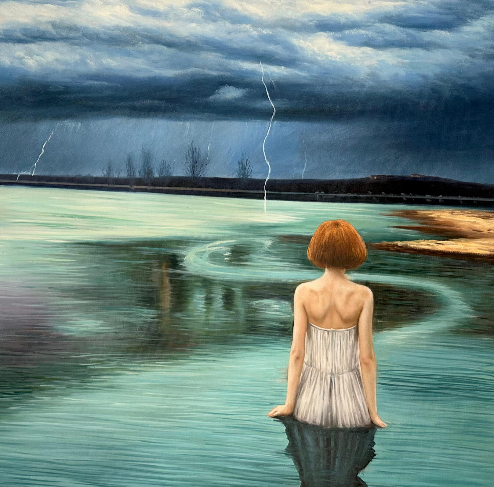 Tides of Consequence, 2024, Blue-green algae in the lower Murray River, Victoria. Oil on Canvas, 80cm x 70cm